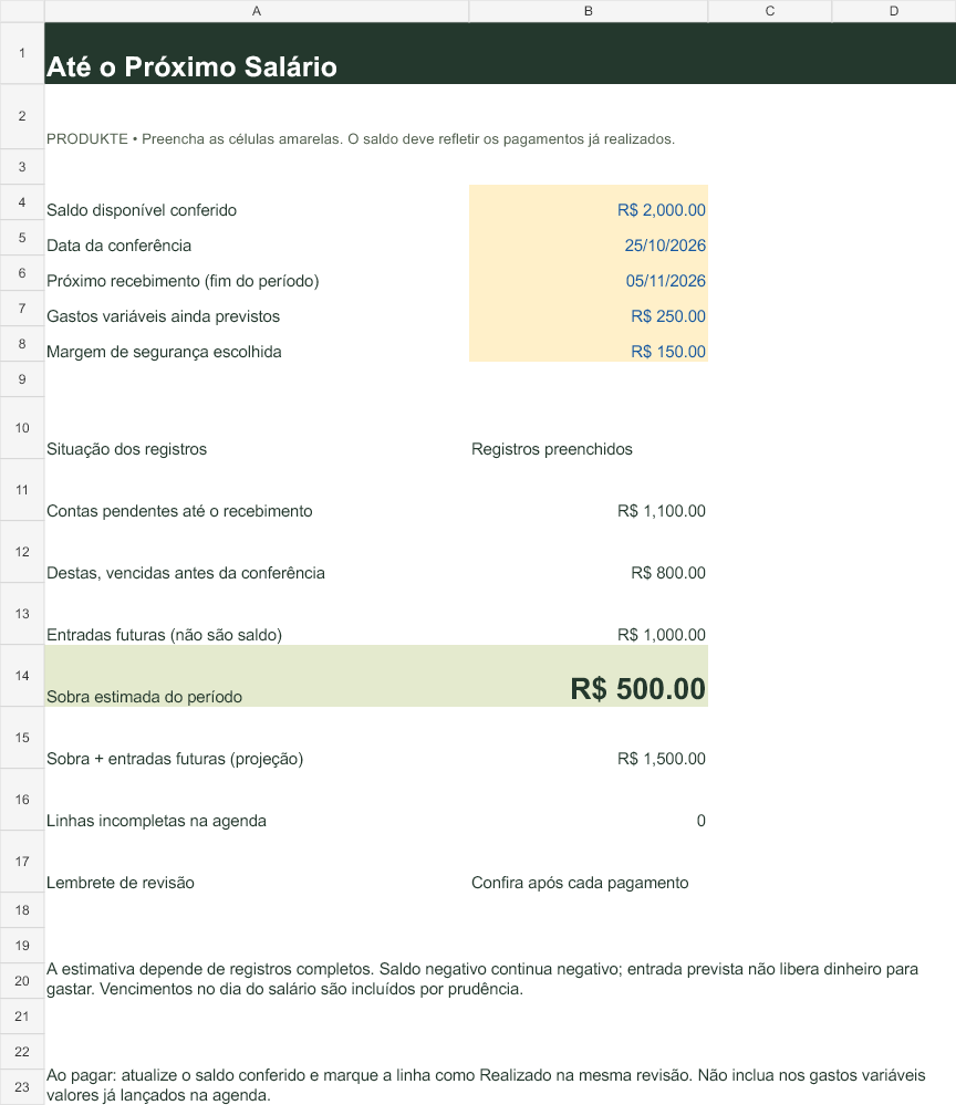 Painel da planilha Até o Próximo Salário preenchido com um exemplo fictício